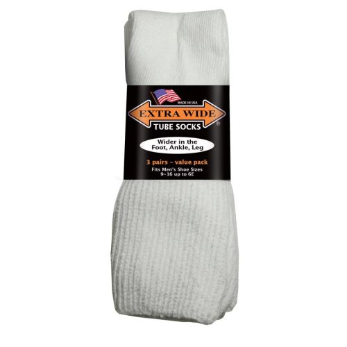 3-Pack of Extra Wide Tube Socks Made in USA Sizes 9 to 16 and Widths to 6E