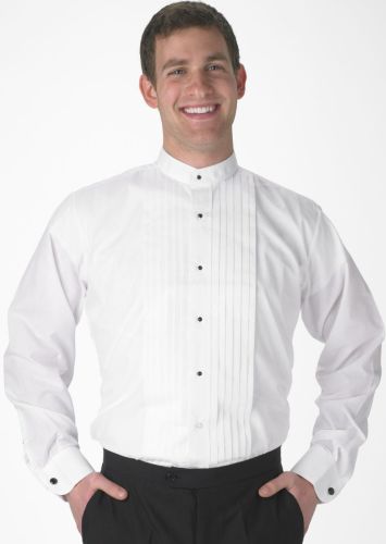 Banded Collar Pleated Tuxedo Formal Shirt to 5X in White