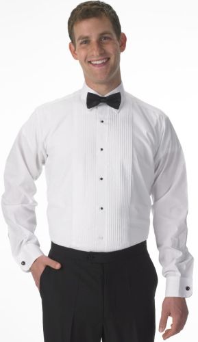Lay Down Collar Pleated Tuxedo Shirt with Expandable Collar to 6X in White
